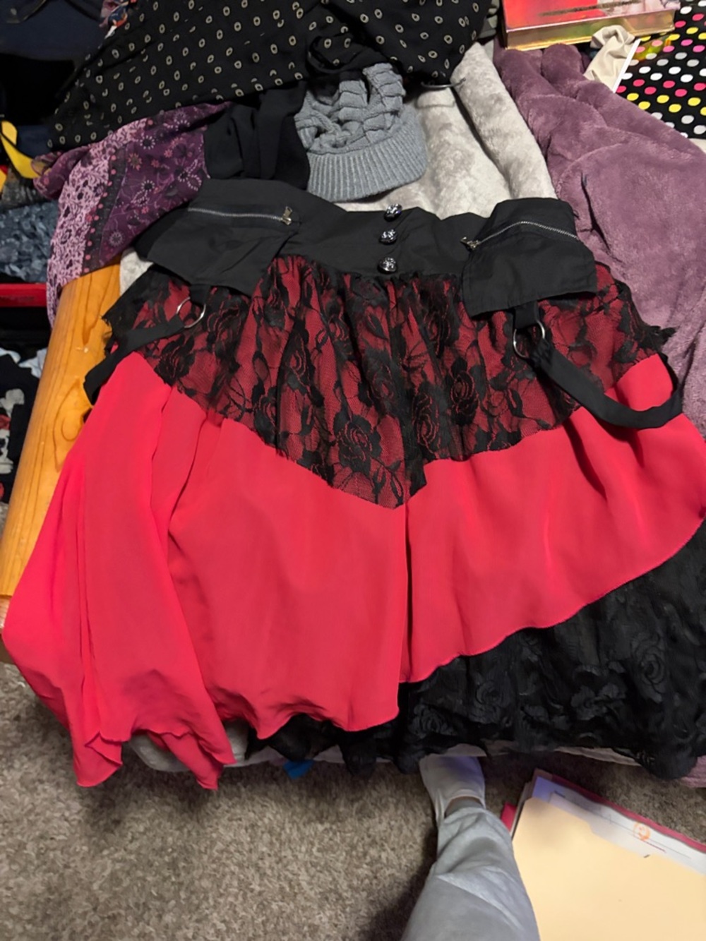 Red and Black Lace Tiered Skirt